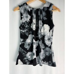 Calvin Klein Black Floral Sleeveless Top Pleated Neck‎ Women's S